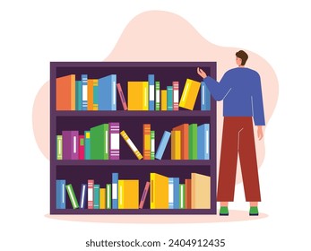 Young man in a university library looking for books to do his coursework. Character design. Vector flat illustration