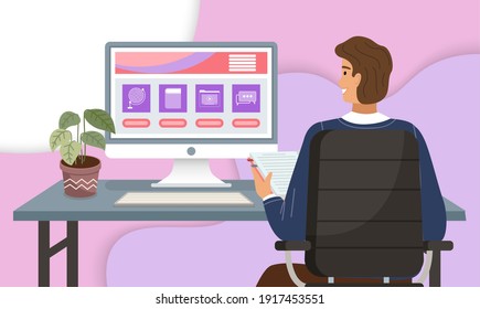 Young Man University Student Watching Online Class Sitting In Front Of Computer At A Table. Person Studying A Lesson On Web Page Receives Education Remotely Via The Internet At Home Flat Illustration