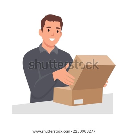 Young man Unpacking paper box concept. Young smiling man opens parcel with orders delivered by postal service. Flat vector illustration isolated on white background