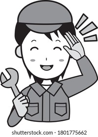 Young man (upper body) of a contractor with a spanner who salutes with a smile
