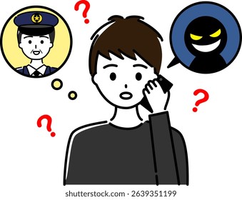 A young man (upper body) is suspicious after receiving a phone call from a fake police officer