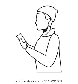 young man upper body with technology device cartoon vector illustration graphic design