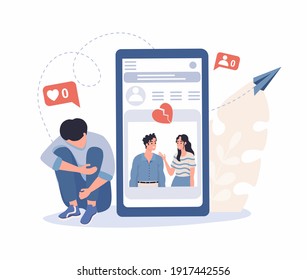 Young Man Upset About Breaking Up With Girl Recalls Shared Photos On Social Networks Vector Flat Illustration. Dating Application, Bad Romance, Unpopularity In The Internet Concept.