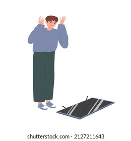 Young man is upset because of the broken TV. Male is in shock. A startled reaction. A man accidentally broke device. Cartoon vector illustration on an isolated white background.
