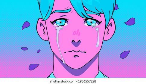 Young man is upset and crying. Pop art comic style illustration in neon vivid colors with dotted halftone effect.