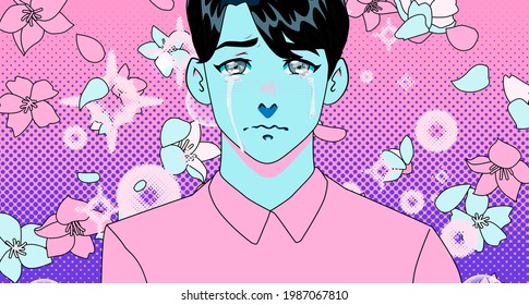 The young man is upset and crying. Pop art comic style illustration in neon vivid colors with dotted halftone effect.