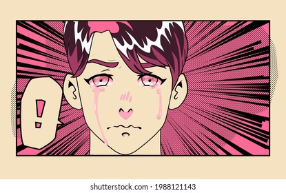 Young man is upset and crying. Pop art comic style illustration with dotted halftone effect.