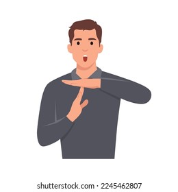 Young man upset showing a timeout gesture, needs stop, asks time for rest after hard work, demonstrates break hand sign. Flat vector illustration isolated on white background svg