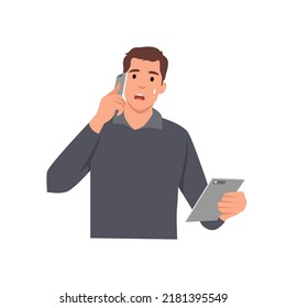 Young man upset talking on the phone looking troubled by conversation. Flat vector illustration isolated on white background