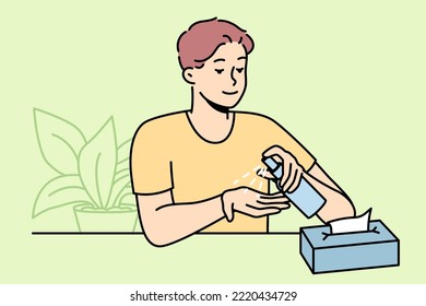 Junge Menschen verwenden antiseptische Flüssigkeitspflegemittel. Guy sanitisieren die Hände mit Sanitizer in Flasche. Konzept der Gesundheitsversorgung. Vektorgrafik. 