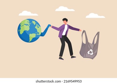 Young Man Use Environmentally Friendly Plastic For The Safety Of The Earth. Eco Friendly Concept. Colored Flat Vector Illustration.