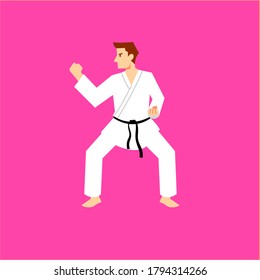 Young man use karate uniform and black belt showing karate stance vector illustration