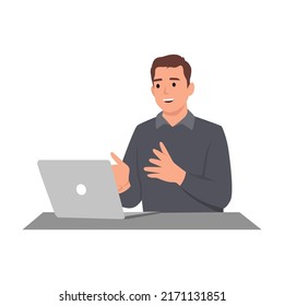 Young man use laptop computer and video call with partner. He work from home cartoon character . Flat vector illustration isolated on white background