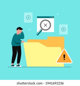 Young man use magnifying glass to find and lost data in empty folder, cyber data security online, Internet security and protection idea, software access data as confidential, flat vector illustration