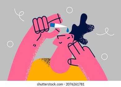 Young man use medical drops in bottle suffer from dry eyes. Unhealthy guy moisturize eye with medicine liquid. Eyesight problem, healthcare concept. Optics care. Flat vector illustration. 