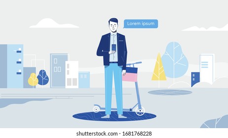 Young man use smartphone. Chatting. Flat Cartoon Vector Illustration.