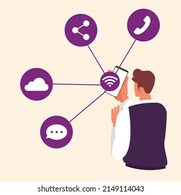 Young man use Wifi signal data for communication in smartphone. world telecommunication day Colored flat graphic vector illustration isolated on peach background.
