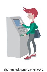 Young man uses an ATM, the concept of banking, vector