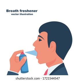 A Young Man Uses Breath Freshener. Open Mouth Portrait In Profile. Aerosol Spray In The Hand. Spraying Antibacterial Agent. Vector Illustration Flat Design. Isolated On White Background. Fresh Breath.