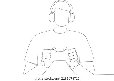 A young man uses a headset and play station to playing games. Online gaming one-line drawing