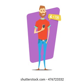 Young man uses his smartphone to find friends. Vector illustration of the mobile chat with friends