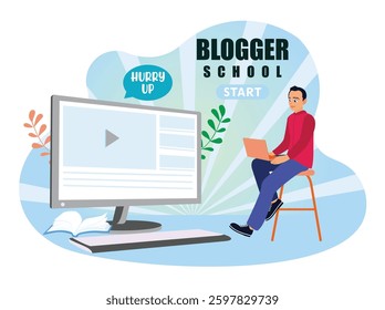 A young man uses a laptop to learn blogging. The computer screen displays educational content and motivational symbols that emphasize the idea of ​​starting a blogging career. E-learning concept.