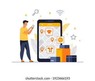 Young man uses a mobile navigation application. Stores and restaurants are tagged on the screen. Online map. Travel and shopping guides. Flat vector illustration