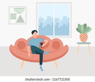 Young Man Uses Phone For Online Communication. Guy At Home Sits On Couch And Chats Concept. Virtual Human Interaction Color Flat Vector Illustration