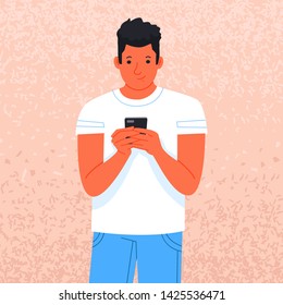 Young man uses a smartphone. The guy is holding a gadget. Pastime in social networks. Internet addiction. Vector illustration in flat style