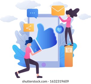 a young man uses a smartphone to like the status of his female friend and mobile app icons as well as flat concept application illustrations