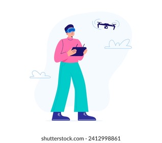 A young man uses virtual reality glasses to fly a drone outdoors. Exploring a world and VR technology. Vector flat illustration isolated on the white background.
