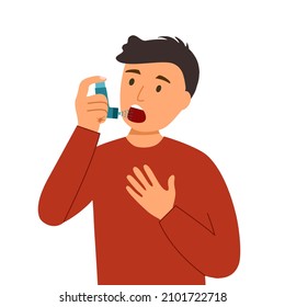 Young man using asthma inhaler against allergic attack in flat design on white background.