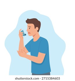 Young man using asthma inhaler, experiencing breathing difficulty and chest discomfort. Flat vector illustration for healthcare, respiratory disease awareness, and medical content