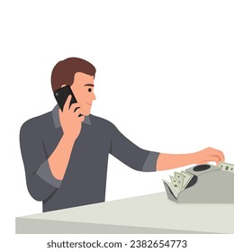 Young man using banknote counter and talking on phone with client. Flat vector illustration isolated on white background