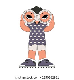 Young man using binoculars. Company search for first-class employees.