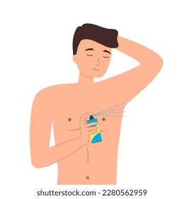Young man using body spray in flat design on white background.