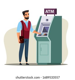 Young man using cashpoint flat color illustration. Guy working with ATM interface cartoon character. Bank visitor performing electronic transaction vector drawing. Banking service design element