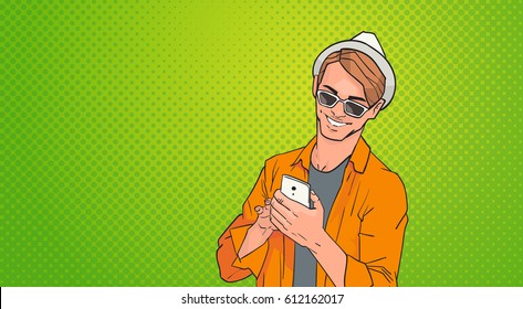 Young Man Using Cell Smart Phone Networking Online Over Pop Art Colorful Retro Style Background Vector Illustration
