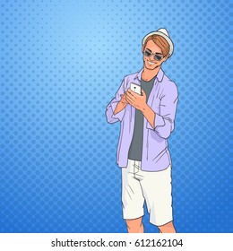 Young Man Using Cell Smart Phone Networking Online Over Pop Art Colorful Retro Style Background Vector Illustration
