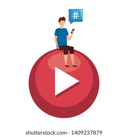 young man using cellphone seated in play button with speech bubble