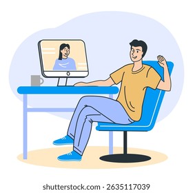 Jovem usando o computador para comunicação virtual. Homem no desktop conversando com um amigo online. Ilustração vetorial para videoconferência, trabalho remoto, conceito de tecnologia
