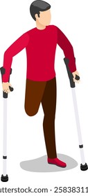 Young man using crutches to walk, demonstrating resilience and adaptation to physical limitations, promoting awareness and support for people with disabilities