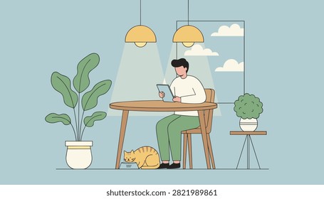 Young man using a digital tablet while sitting at a wooden table with an orange cat eating nearby under warm pendant lamps at home.