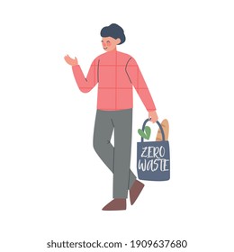 Young Man Using Eco Bag for Shopping, Guy Caring about Environment and Ecology Cartoon Style Vector Illustration