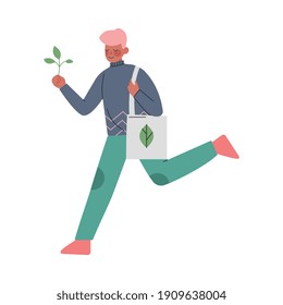 Young Man Using Eco Bag, Guy Caring about Environment and Ecology Cartoon Style Vector Illustration
