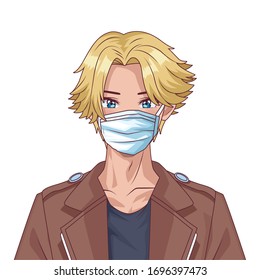 young man using face mask anime character vector illustration design