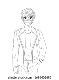 young man using face mask anime character vector illustration design