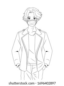 young man using face mask anime character vector illustration design