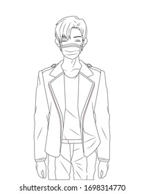 young man using face mask anime character vector illustration design