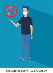young man using face mask with particles covid 19 in forbidden signal vector illustration design